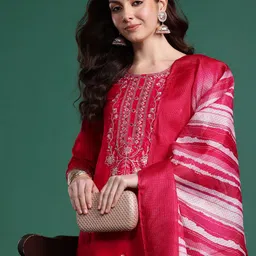 Indo Era Floral Embroidered Regular Kurta with Trousers & Dupatta-image-88