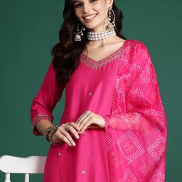Indo Era Embroidered Liva Kurta with Trousers & With Bandhani Print Dupatta-image-44