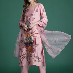 Indo Era Floral Embroidered Thread Work Kurta with Trousers & With Dupatta-48