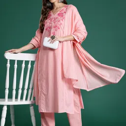 Indo Era Floral Embroidered Pure Cotton Kurta with Trousers & Dupatta-23