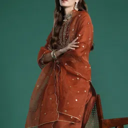 Indo Era Floral Embroidered Liva Kurta with Trousers & With Dupatta-picture-16