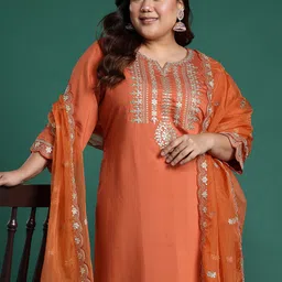 Indo Era Plus Size Floral Embroidered Gotta Patti Kurta with Trousers & With Dupatta-image-33