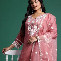 Indo Era Plus Size Floral Embroidered Thread Work Kurta With Trousers & Dupatta-picture-9