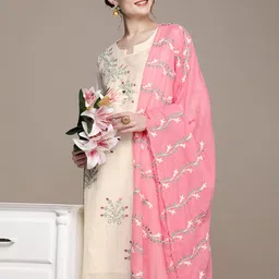 Anouk Women White Floral Embroidered Regular Thread Work Kurta with Trousers & With Dupatta-picture-24