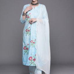 Indo Era Floral Embroidered Regular Thread Work Pure Cotton Kurta With Trousers & Dupatta-image-46