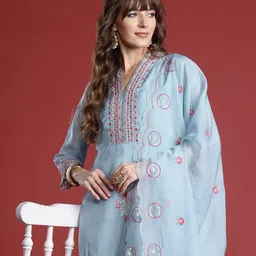 Indo Era Floral Embroidered Sequinned Kurta with Trousers & With Dupatta-19