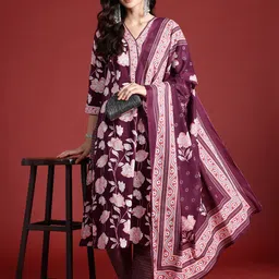 Indo Era Floral Printed Pure Cotton Kurta With Trousers & Dupatta-picture-31