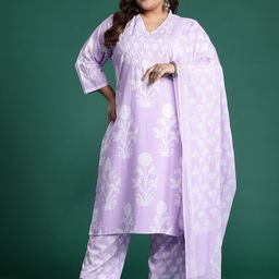 Indo Era Plus Size Floral Printed Sequinned Pure Cotton Kurta with Trousers & With Dupatta-15