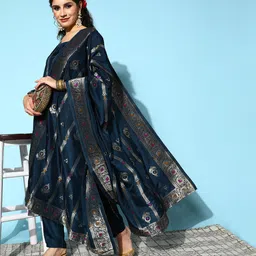 Libas Women Navy Blue Ethnic Motifs Kurta with Trousers & With Dupatta-image-28