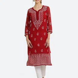 FAWOMENT Ethnic Motifs Dyed Thread Work Georgette Handloom Georgette Kurta with Inner-16