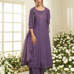Inddus Floral Yoke Design Round Neck Sequinned Anarkali Kurta With Palazzos & Dupatta-40