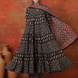 KIMAYRA Floral PrintedKeyhole Neck Pure Cotton Anarkali Kurta With Trousers & Dupatta-image-7