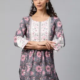 Readiprint Fashions Floral Printed Thread Work Pure Cotton Pleated Kurti-image-37