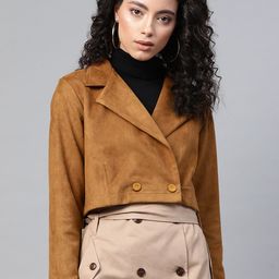 SASSAFRAS Women Brown Comfort Fit Suede Finish Double-Breasted Cropped Blazer-image-10