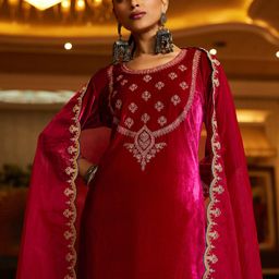 Indo Era Women Ethnic Motifs Embroidered Regular Velvet Kurta with Trousers & With Dupatta-picture-25