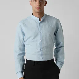 Van Heusen Checked Mandarin Collar Linen Cotton Formal Shirt-image-61