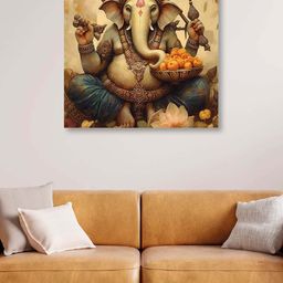 OLIVE TREE Gold-Toned & Blue Lord Ganesha Canvas Framed Painting Wall Art-picture-3
