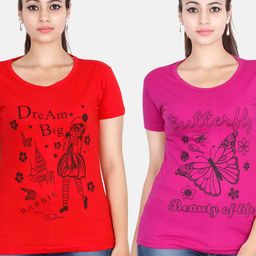 Fleximaa Women Magenta & Red Pack Of 2 Printed Cotton T-shirt-101