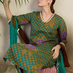 Indo Era Women Floral Printed Regular Beads and Stones Kurta with Trousers & With Dupatta-33