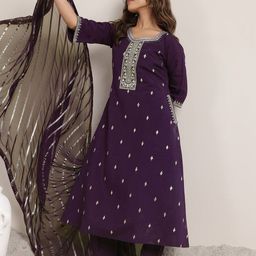 Gerua By Libas Purple Floral Embroidered Sequinned A-Line Kurta With Trousers & Dupatta-picture-14