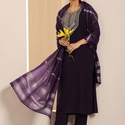 Libas Floral Yoke Design Zari Work V-Neck Straight Kurta With Trousers And Dupatta-35