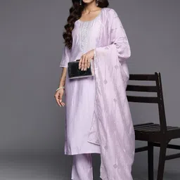 Libas Floral Embroidered Sequinned Straight Kurta With Trousers & Dupatta-picture-0