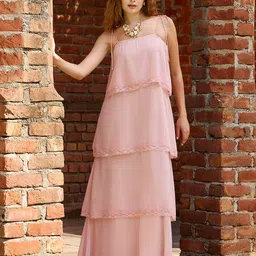 SASSAFRAS Women Layered Shoulder Straps Neck Lace Insert Detail Maxi Dress-image-62