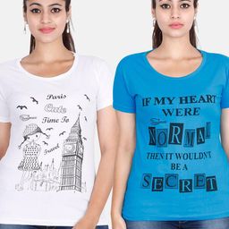 Fleximaa Women Blue & White Pack Of 2 Typography Printed Cotton T-shirt-image-38
