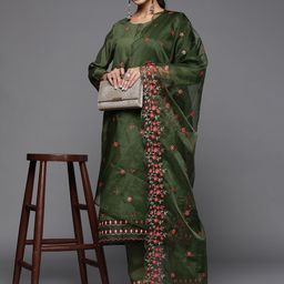 Varanga Women Floral Embroidered Thread Work Kurta With Trousers & Dupatta-image-85