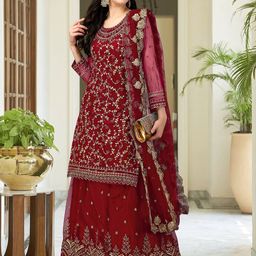Trendmalls Floral Embroidered Straight Beads and Stones Kurta with Skirt & Dupatta-33