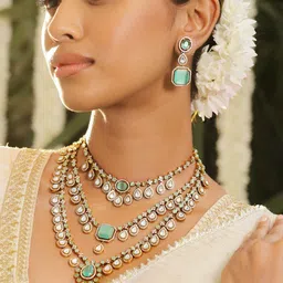 Rubans 24K Gold Plated Pastel Green & AAA Cubic Zirconia Multi Layer Bridal Necklace Set-image-75