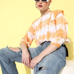 EVERYDAY by ANI White & Yellow Tie and Dye Puff Sleeves Boxy Crop Top With Ruffled Detail-picture-30