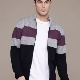 The Roadster Lifestyle Co. Mock Neck Striped Front-Open Sweater-picture-11