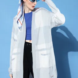Roadster Women Blue & White Checked Longline Front-Open Sweater-image-26