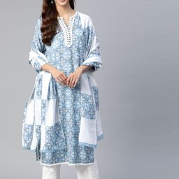 Yuris Women Blue Floral Printed Regular Thread Work Pure Cotton Kurta with Palazzos & With Dupatta-30