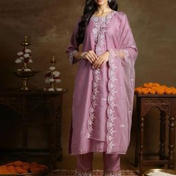 Indo Era Women Floral Embroidered Kurta with Trouser & Dupatta-image-58