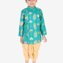 Superminis Boys Green Ethnic Motifs Embroidered Angrakha Gotta Patti Pure Cotton Kurta with Dhoti Pants-image-45