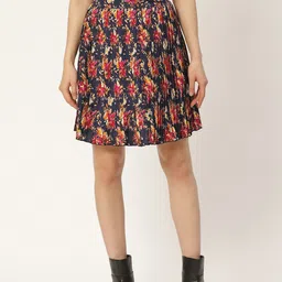 Antheaa Women Navy Blue & Pink Accordion Pleated Floral Printed A-Line Skirt-image-84