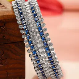 Rubans Set of 2 Rhodium-Plated Blue & White Cubic Zirconia Studded Handcrafted Luxe Bangle-10
