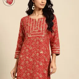 RANGMAYEE Red & Golden Foil Sanganeri Block Print Liva Kurti with Mask-picture-28