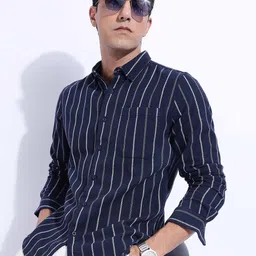 HERE&NOW Men Slim Fit Button-Down Collar Vertical Striped Cotton Casual Shirt-image-76