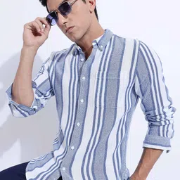 HERE&NOW Men Slim Fit Button-Down Collar Vertical Striped Cotton Casual Shirt-image-27