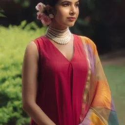 anayna V-Neck Regular Silk A-Line Kurta with Trousers & Dupatta-27