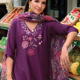 Indo Era Women Floral Embroidered Kurta with Trousers & Dupatta-image-35