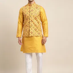 SOJANYA Men Mustard Yellow Kurta with Churidar & Nehru Jacket-picture-32