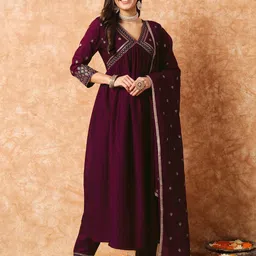 KALINI Floral Embroidered A-Line Kurta With Trousers & Dupatta-picture-28