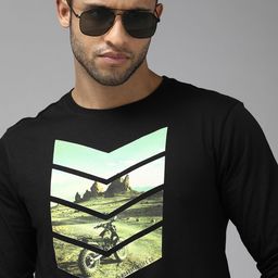 Roadster Men Black & Green Biker Printed Pure Cotton T-shirt-image-58
