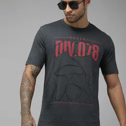Roadster Men Charcoal Grey & Red Printed Pure Cotton T-shirt-6