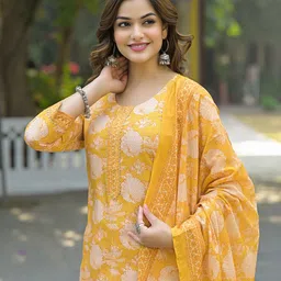 KALINI Women Floral Printed Regular Kurta with Trousers & With Dupatta-14