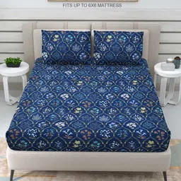 DREAM WEAVERZ Blue & Yellow Floral 220 TC Double Bedsheet with 2 Pillow Covers-image-22